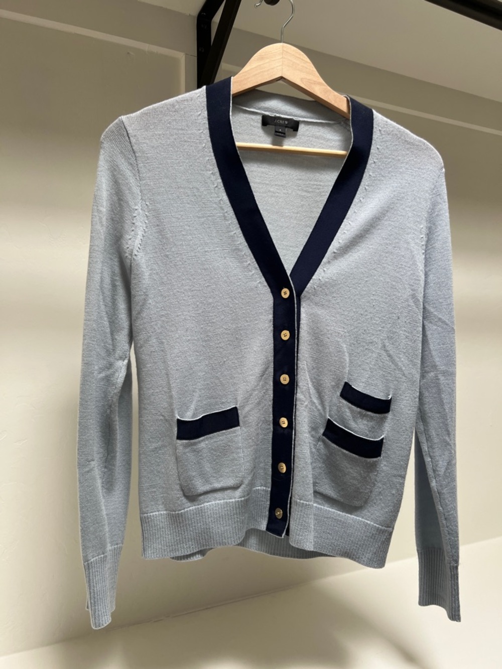 J. Crew Light Blue Cardigan with Navy Trim and Gold Buttons
